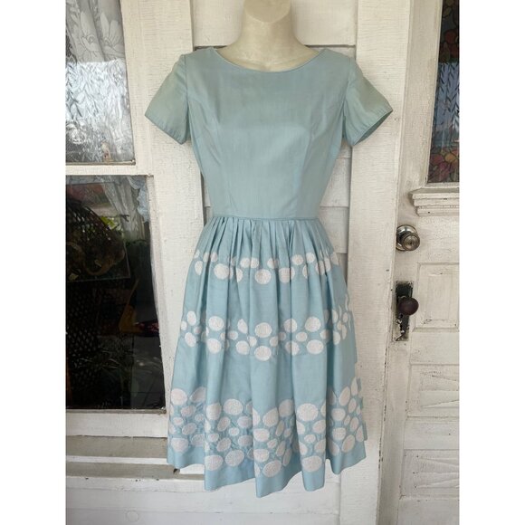 Vintage 1950s Betty Barclay Fit and Flare Dress Blue Embroidery Circles Sz Small - Picture 14 of 16